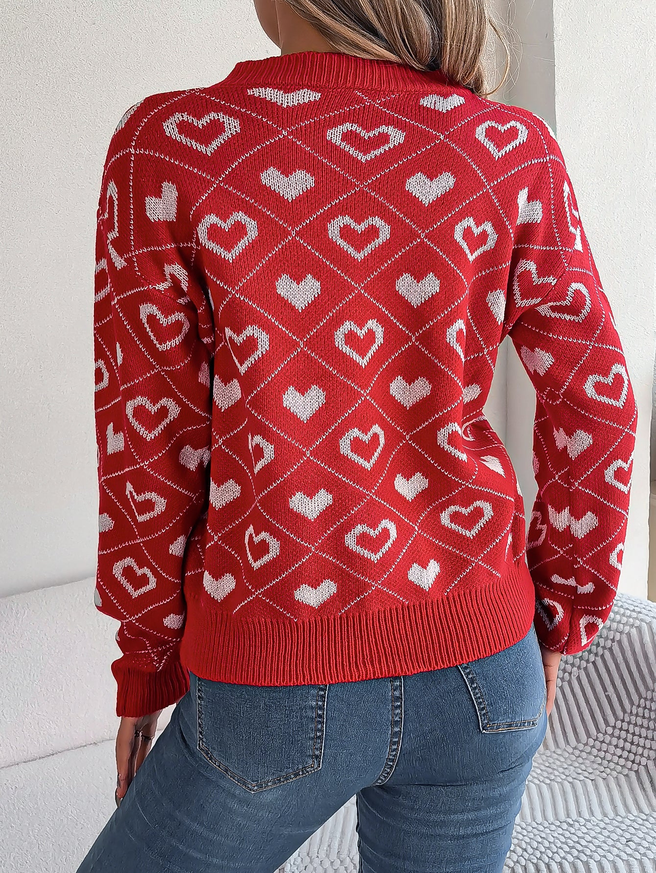 Women Sweet Color Block Heart Lantern Sleeve Pullover Sweater