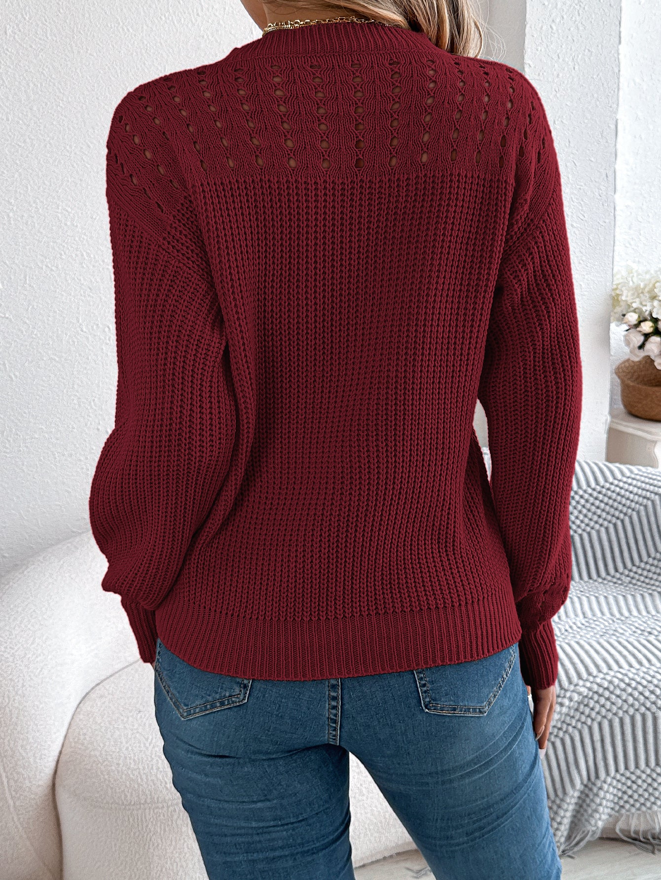 Women Casual Solid Color Hollow Out Lantern Sleeve Pullover Sweater