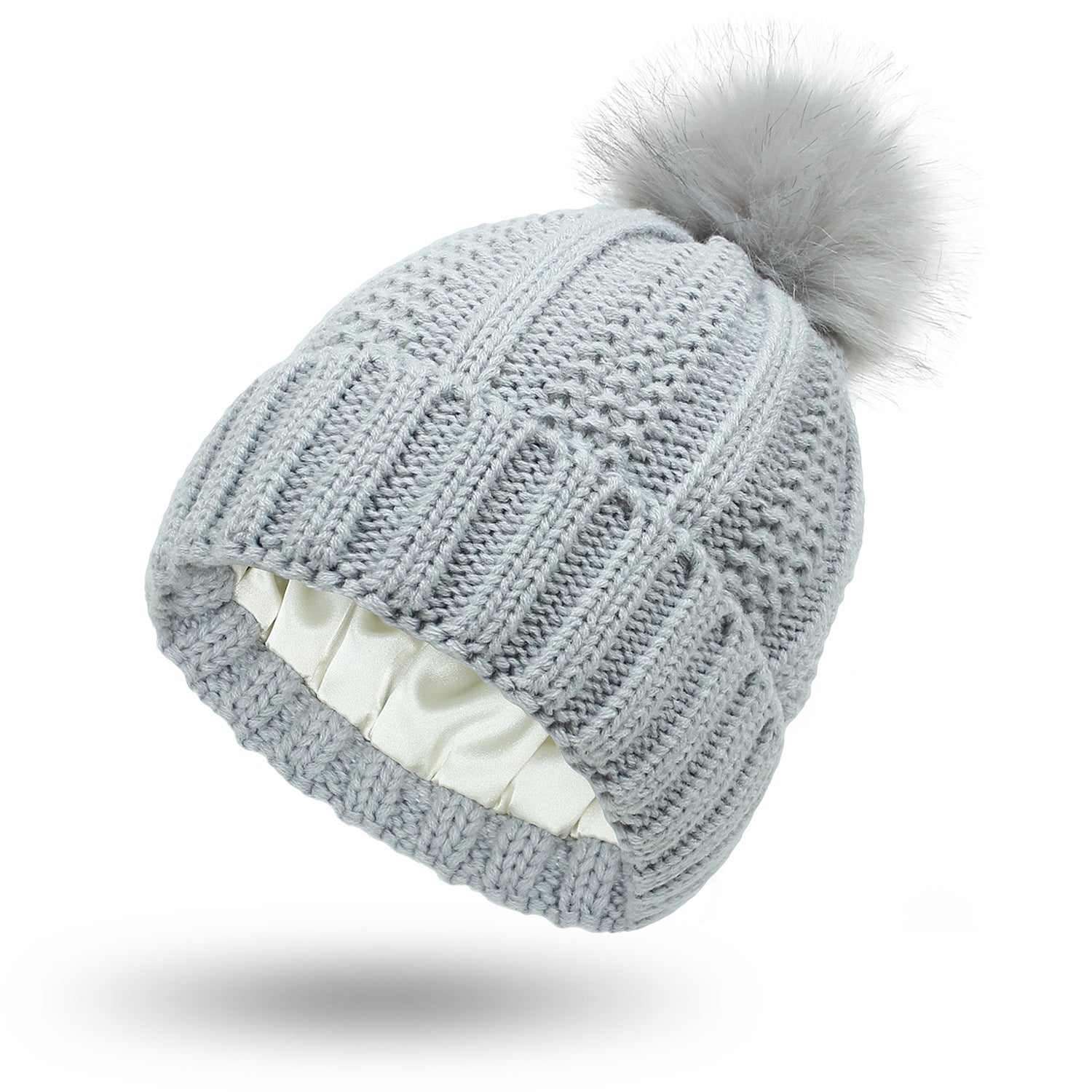 Winter Knitted Hats Fashion Stretchy Lined Skull Hats for Women Faux Fur Pompom Hat Keep Warming Beanie Hat