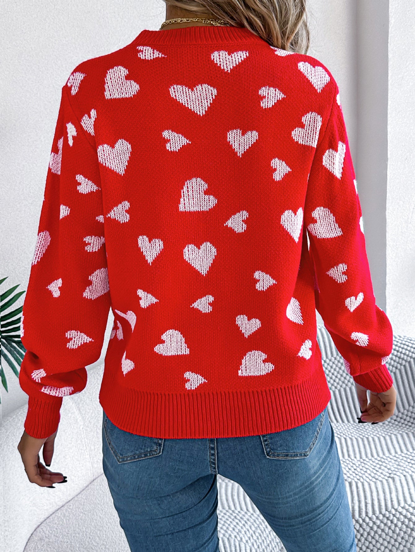 Women Casual Color Block Heart Lantern Sleeve Pullover Sweater