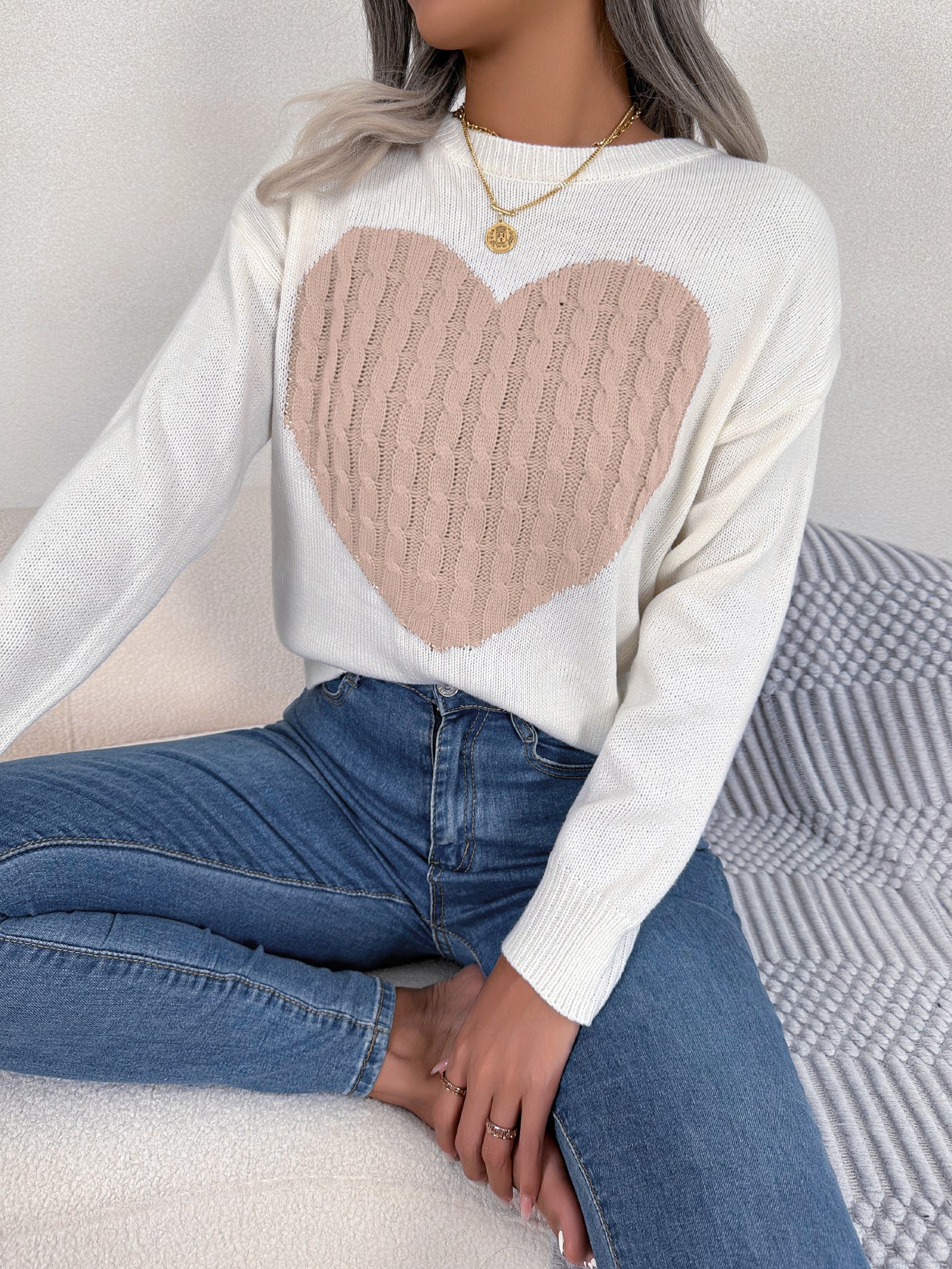 Women Cable Knit Heart Long Sleeve Pullover Sweater