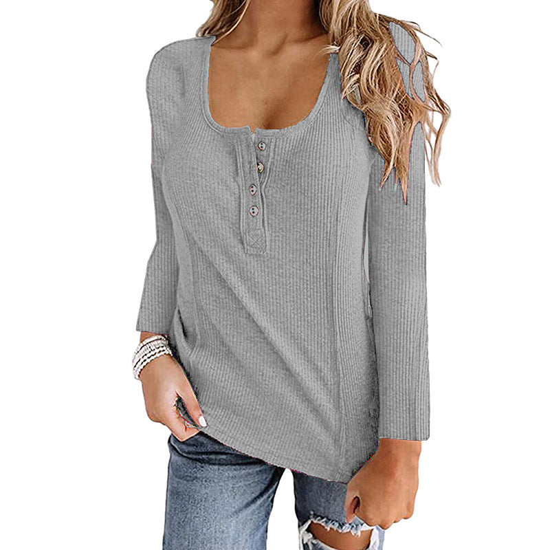 Button Solid Color Long-sleeved Top Female