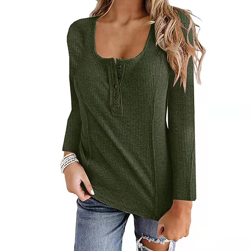 Button Solid Color Long-sleeved Top Female
