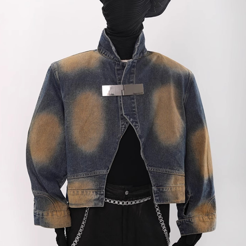 Vintage Color Block Metal Workwear Denim Jacket Short Jacket
