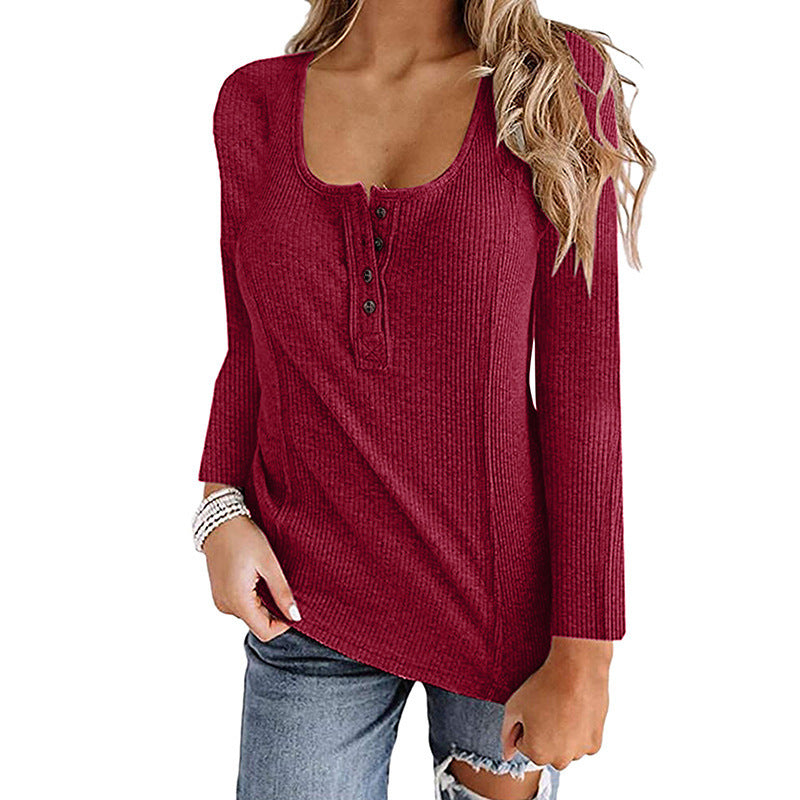 Button Solid Color Long-sleeved Top Female