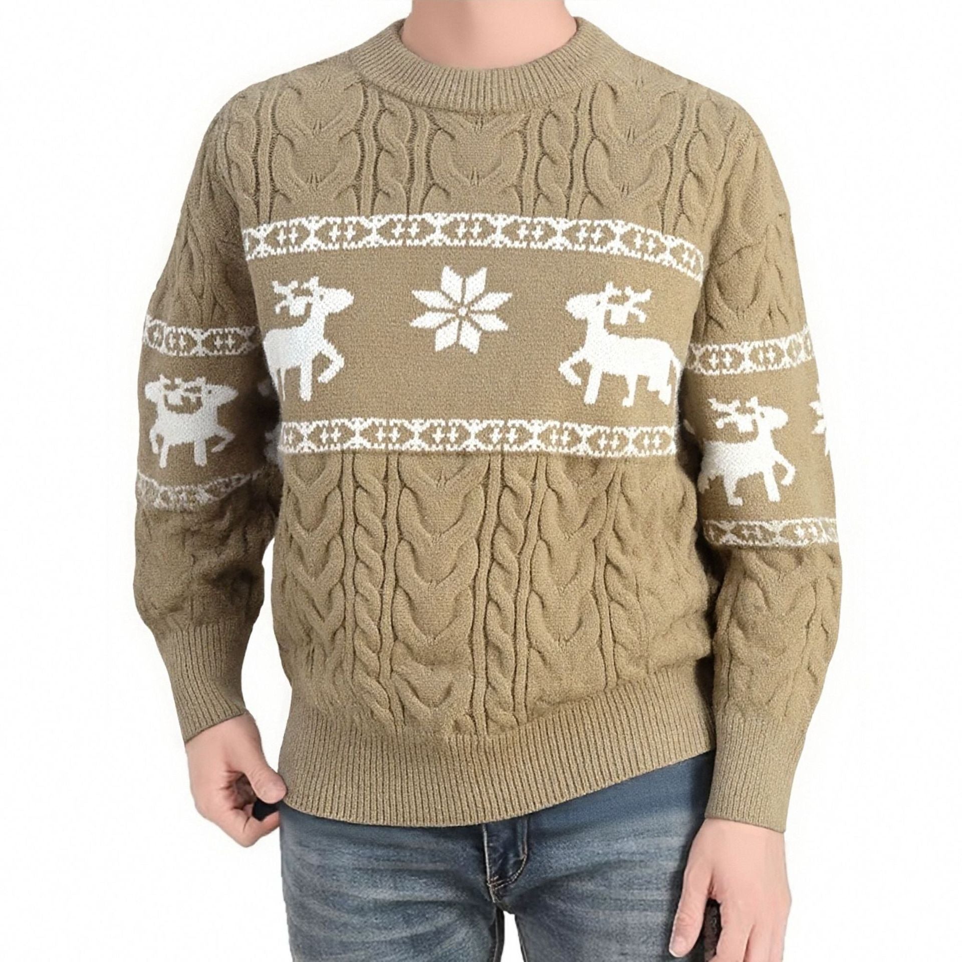 Winter Ugly Christmas Pullovers Sweater for Men Thick Warm Knitted Sweaters with Deer Christmas Holiday Round Neck Tops