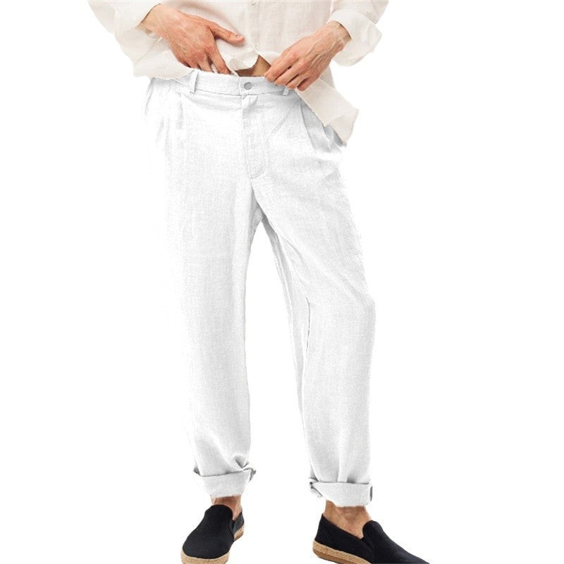 Linen Front Dart Diagonal Pocket Loose Straight Casual Breathable Trousers for men