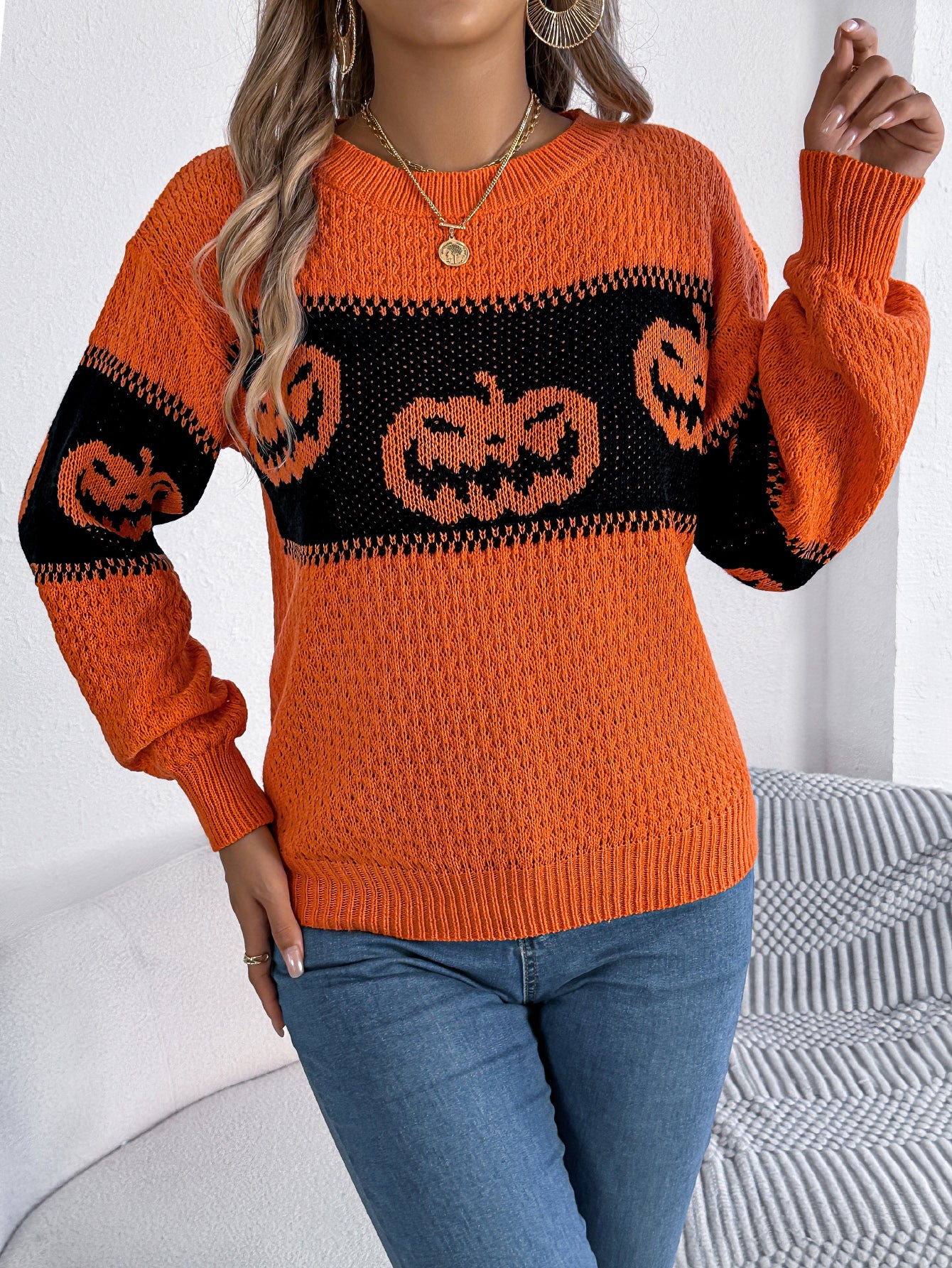 Women Pumpkin Head Color Block Long Sleeve Pullover Sweater