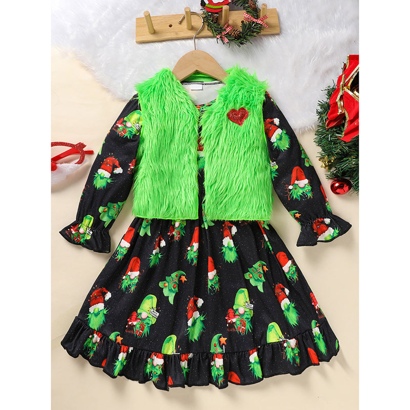 Toddler Kids Baby Girl Christmas Dress Outifts, Long Sleeves Cartoon Prints Party Dress With Heart Print Vest Coat Xmas Clothes Set