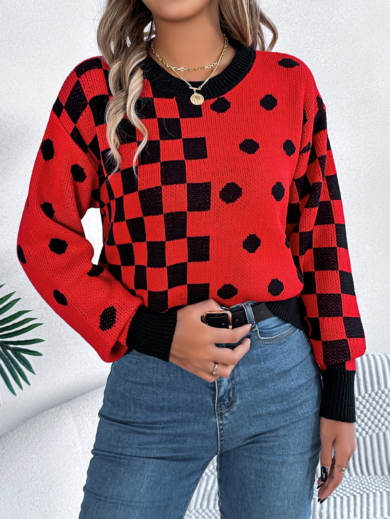Women Casual Color Block Polka Dot Plaid Lantern Sleeve Pullover Sweater