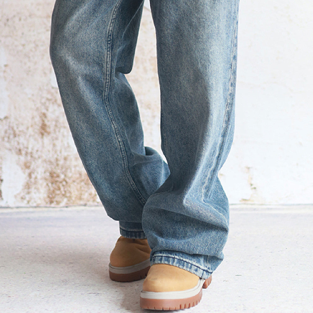 Heavy Water Washed Old Straight Leg Jeans For Men, Khaki