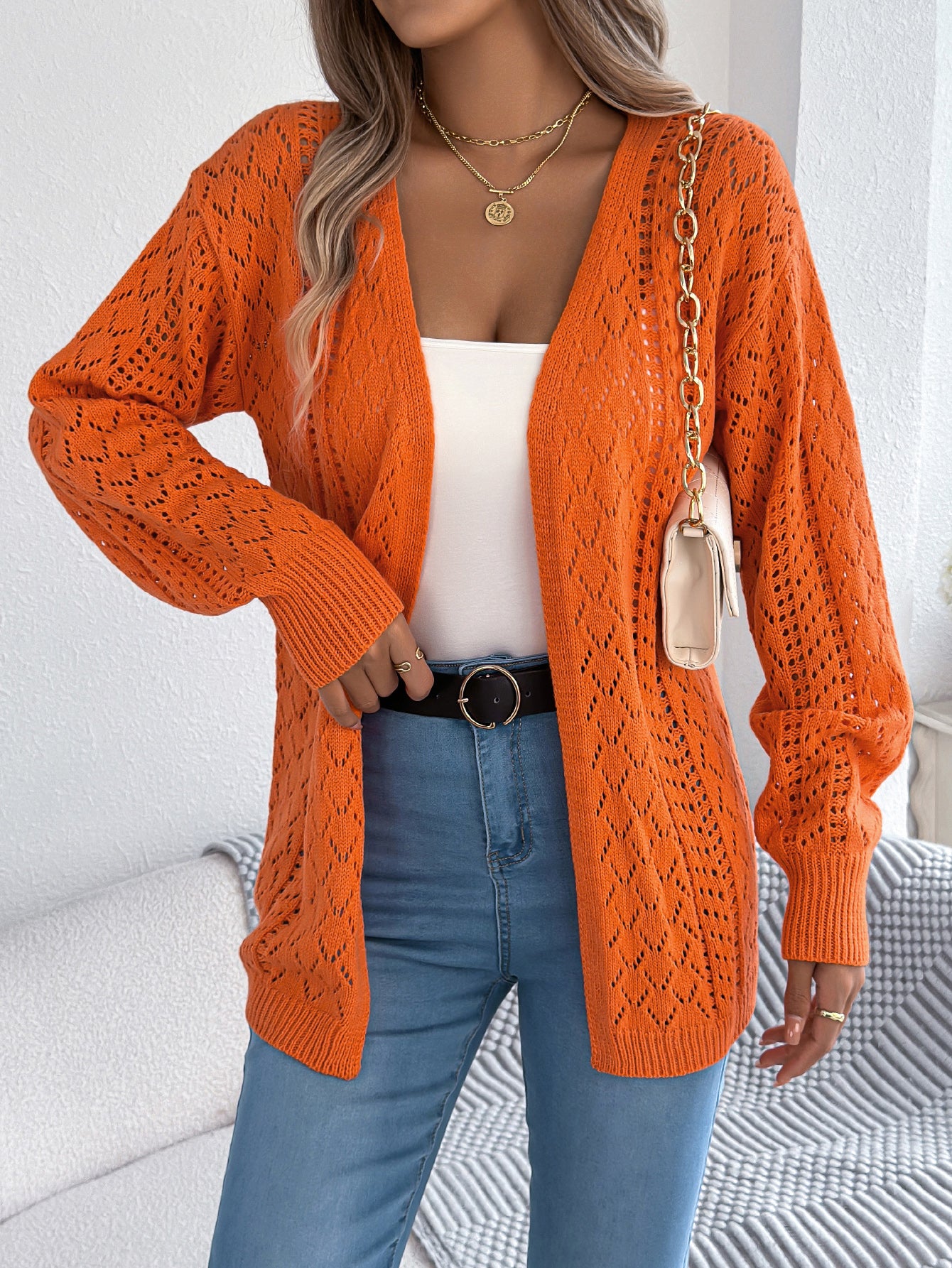 Women Hollow Out Lantern Sleeve Long Sleeve Cardigan Sweater Coat