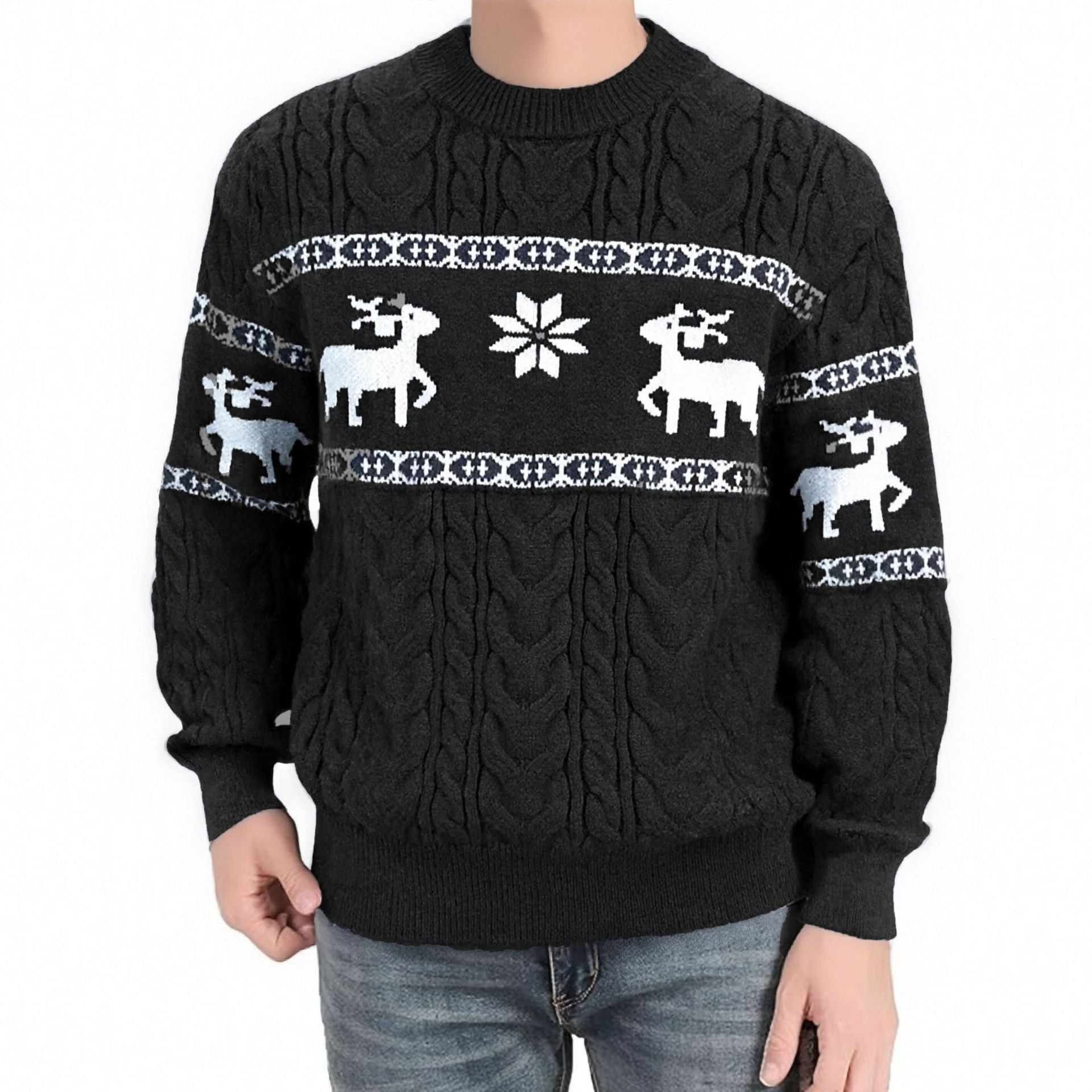Winter Ugly Christmas Pullovers Sweater for Men Thick Warm Knitted Sweaters with Deer Christmas Holiday Round Neck Tops