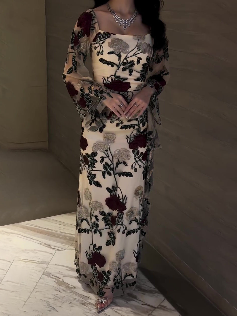 Mesh Floral Embroidered Long-sleeved Dress