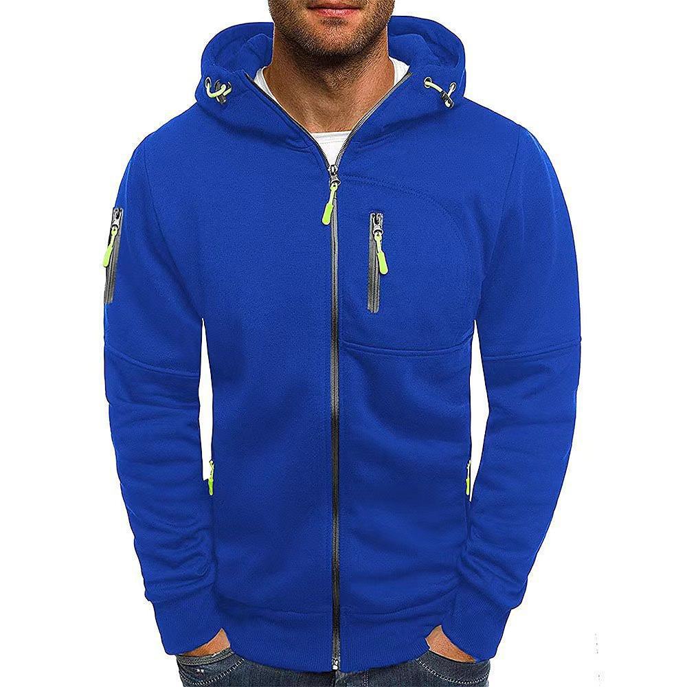 Men's Casual Zipper Hooded Sweater Solid Color Sports Fitness Jackets Cardigan