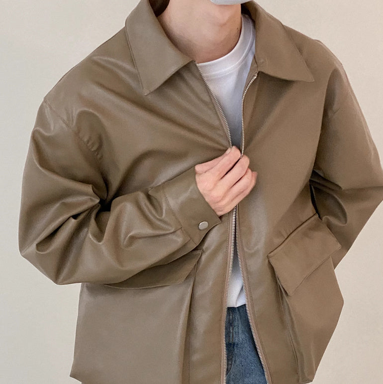 Large Pocket Zipper Leather Jacket for Men Spring and Autumn