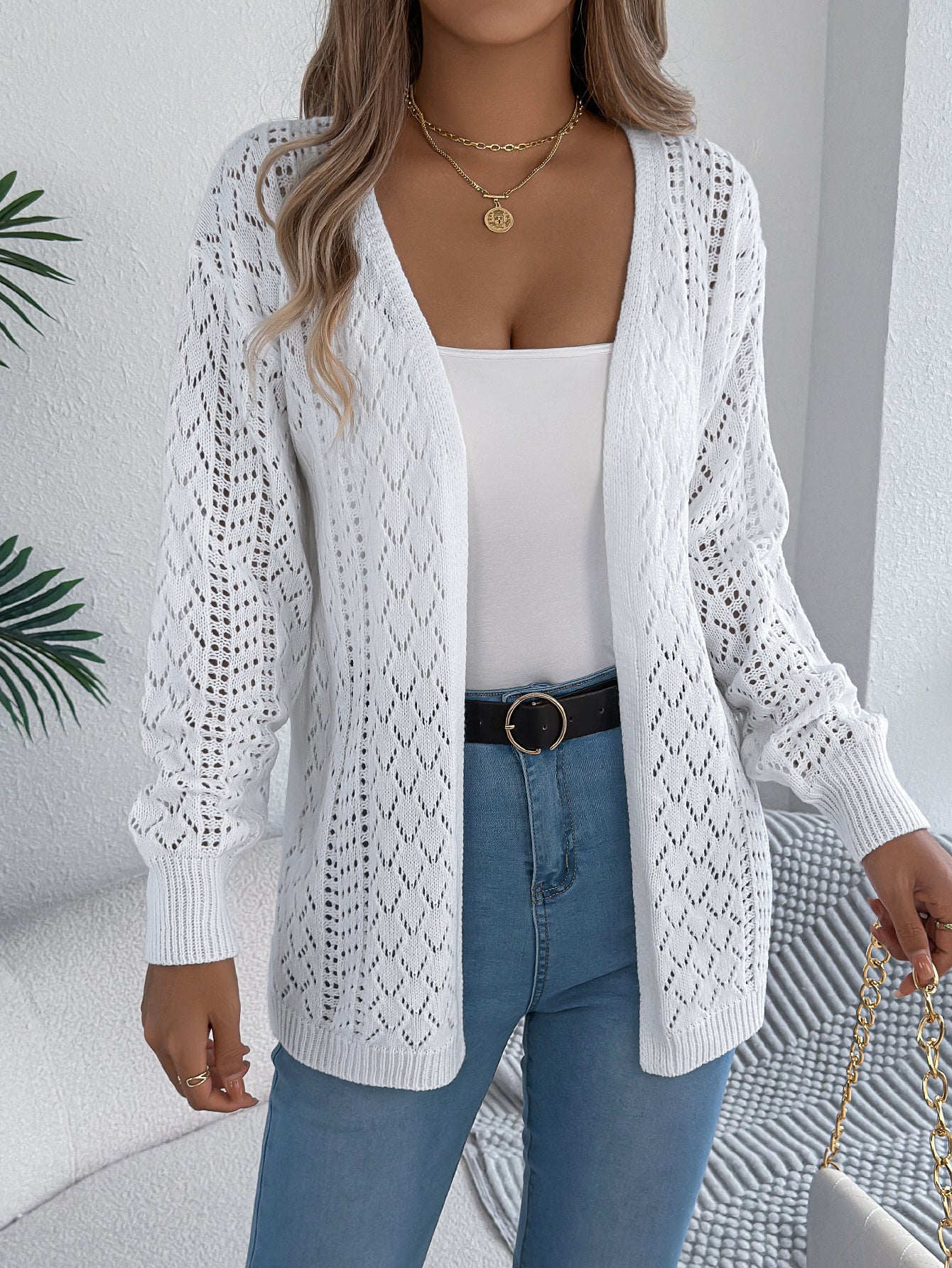 Women Hollow Out Lantern Sleeve Long Sleeve Cardigan Sweater Coat