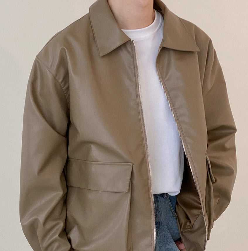 Large Pocket Zipper Leather Jacket for Men Spring and Autumn