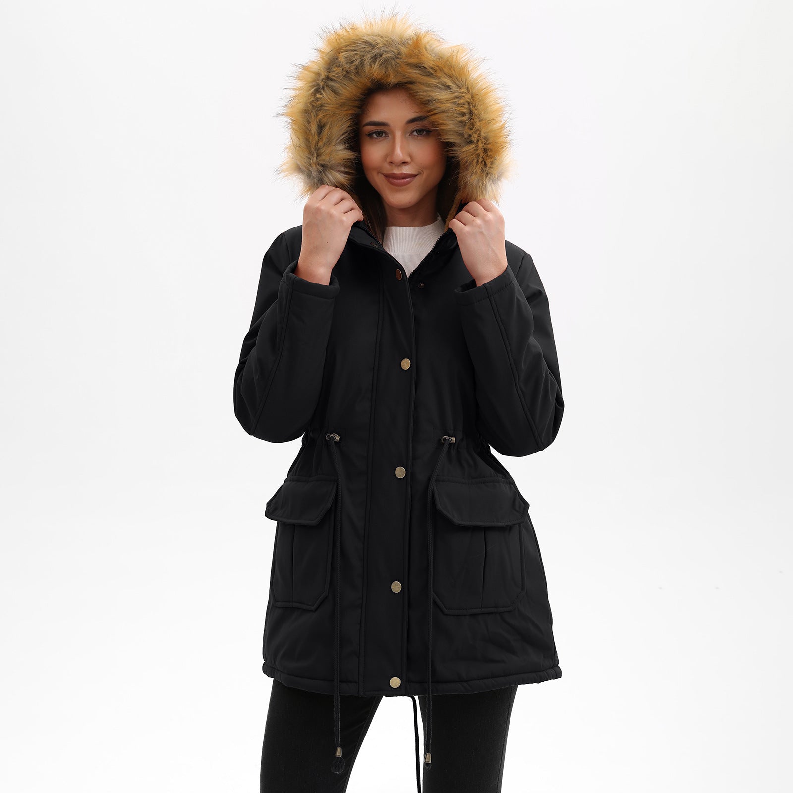 Hooded Women's Mid-Length Padded Coat with Fur Collar and Defined Waist