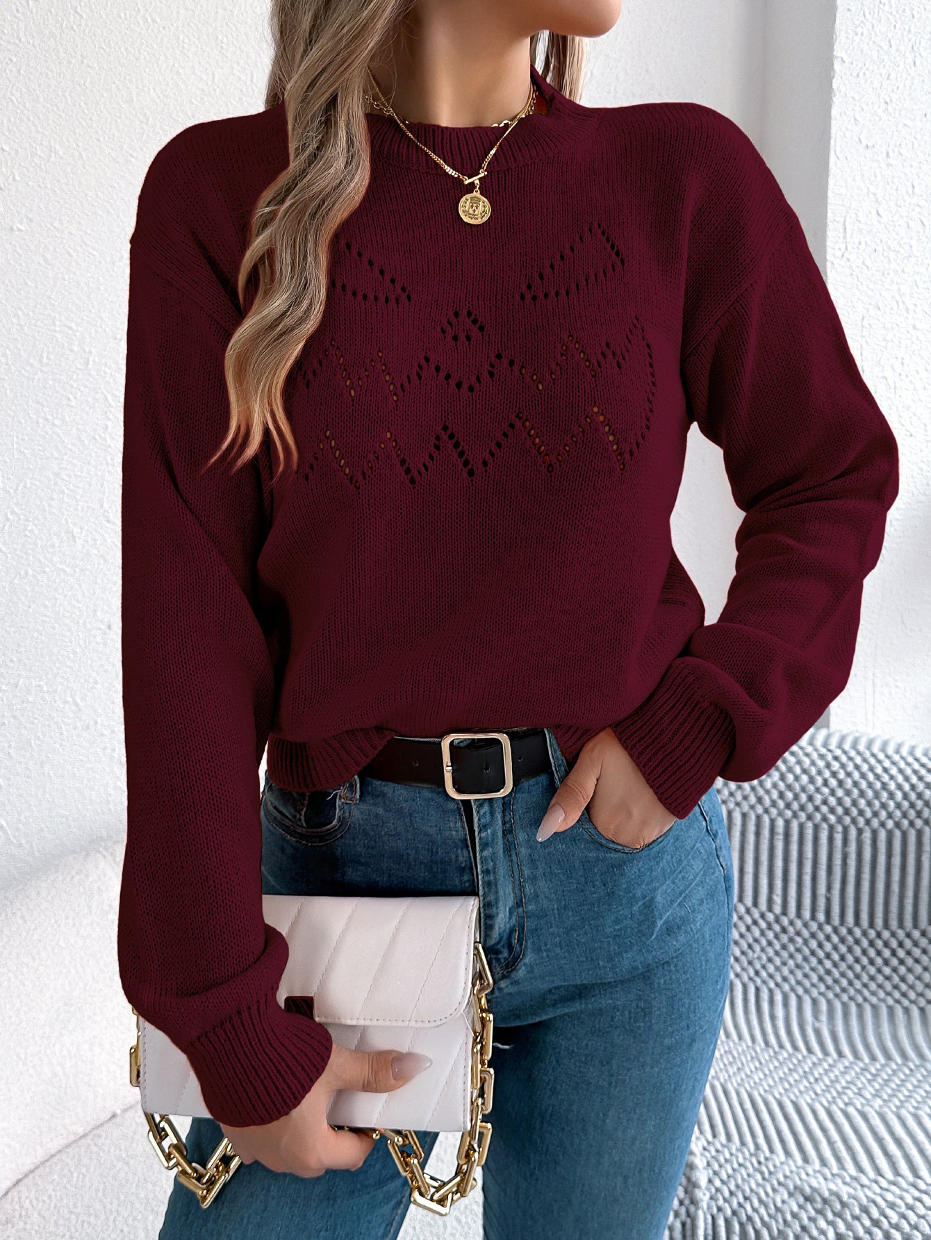 Women Solid Color Hollow Out Lantern Sleeve Pullover Sweater
