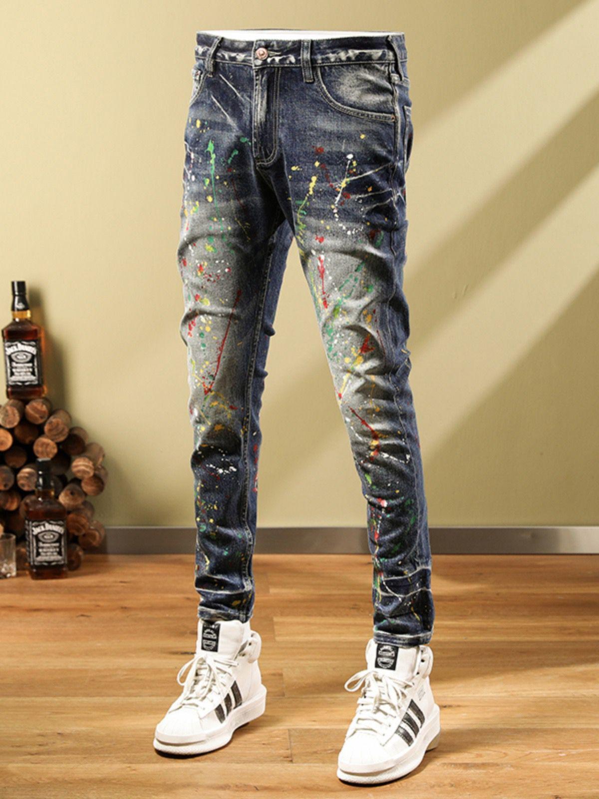 Personalized Fashion Jeans Men's Casual Slim Fit Skinny Retro Splash-ink Paint Trousers