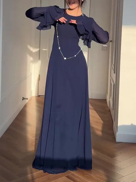 Navy Blue Trumpet Sleeve Tie Maxi Dress for women