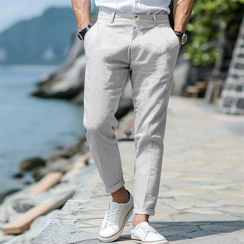 Men's Linen Summer Button Front Slant Pocket Straight-leg Trousers