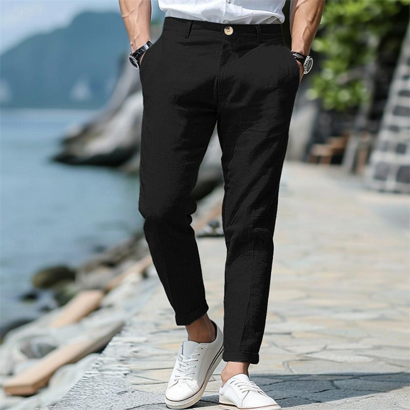 Men's Linen Summer Button Front Slant Pocket Straight-leg Trousers