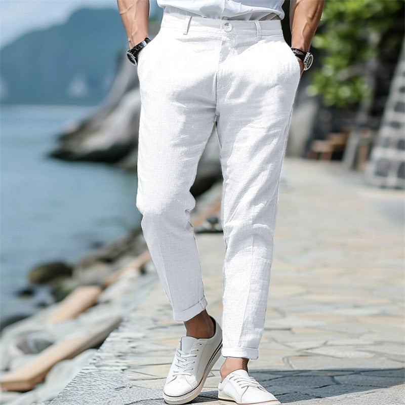 Men's Linen Summer Button Front Slant Pocket Straight-leg Trousers