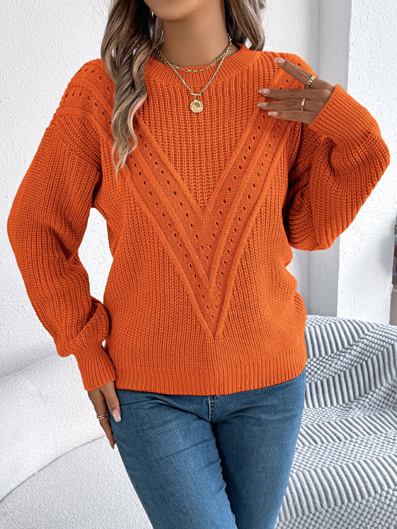 Women Casual Solid Color V-Neck Hollow Out Lantern Sleeve Pullover Sweater