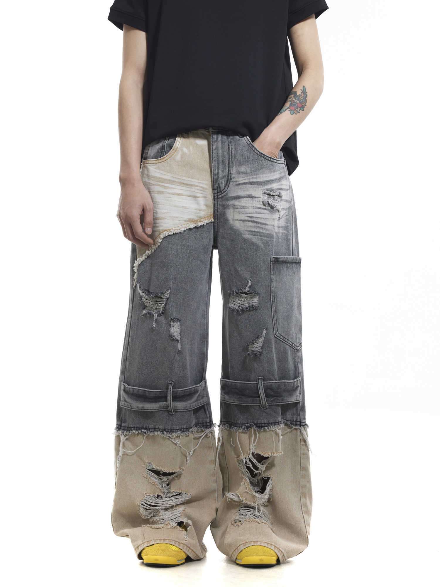 Niche Heavy Industry Washed Damaged Stitching Oversize Jeans for men