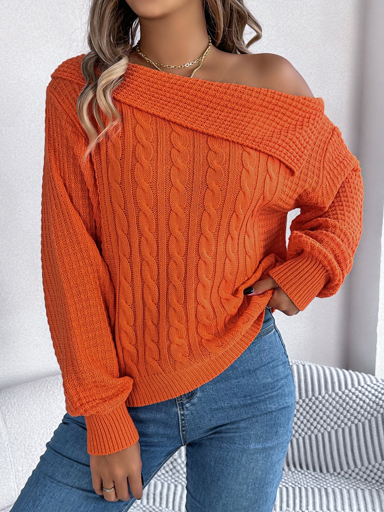 Women Casual Sexy Lapel Off-Shoulder Cable Knit Long Sleeve Pullover Sweater