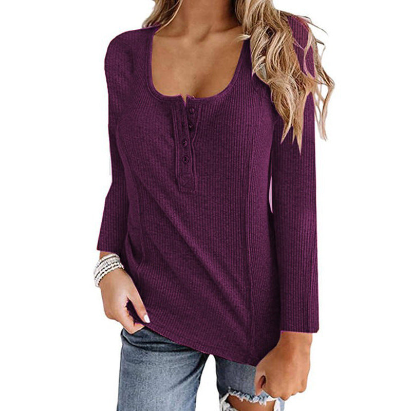 Button Solid Color Long-sleeved Top Female
