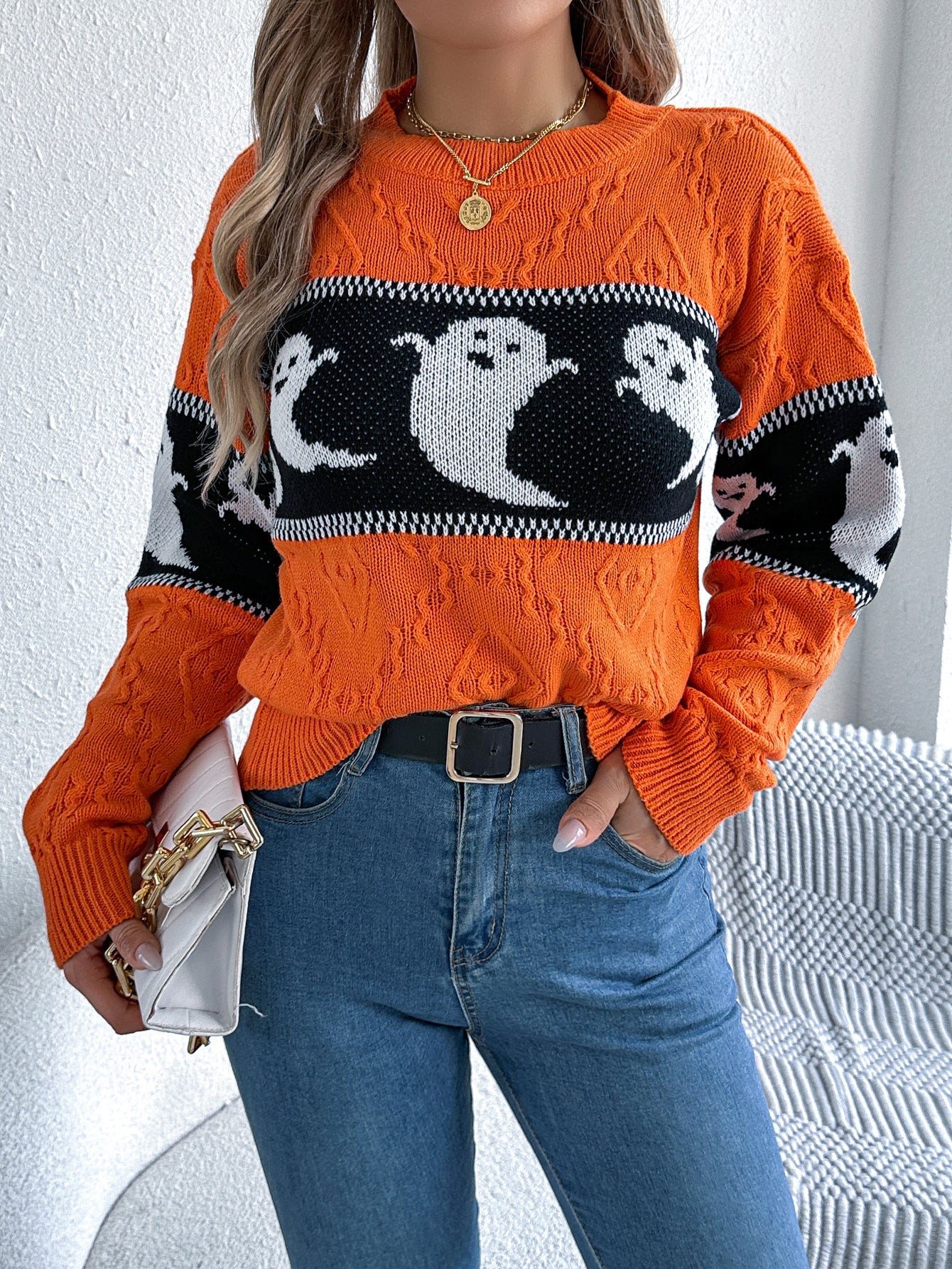 Women Ghost Color Block Long Sleeve Pullover Sweater