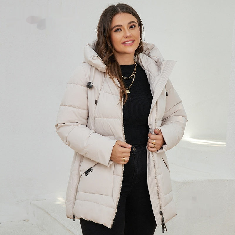 Fashionable Casual Winter Outerwear Cotton Padded Jacket with Hood and Zipper for women