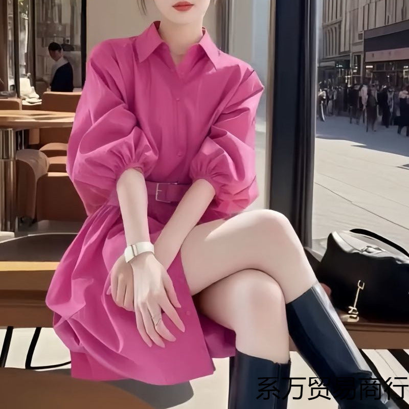 High-grade Rose Red Shirt Dress for women
