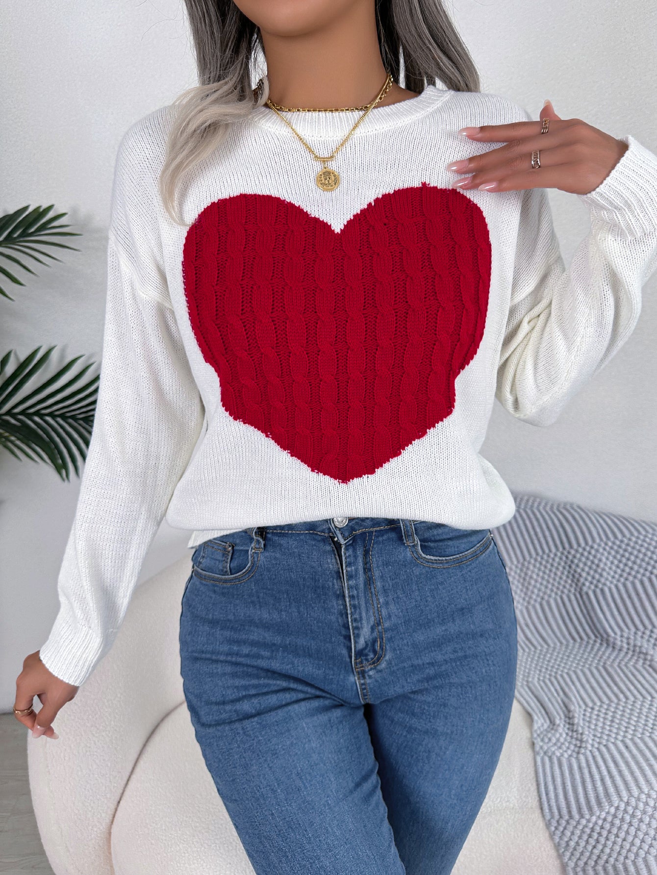 Women Cable Knit Heart Long Sleeve Pullover Sweater