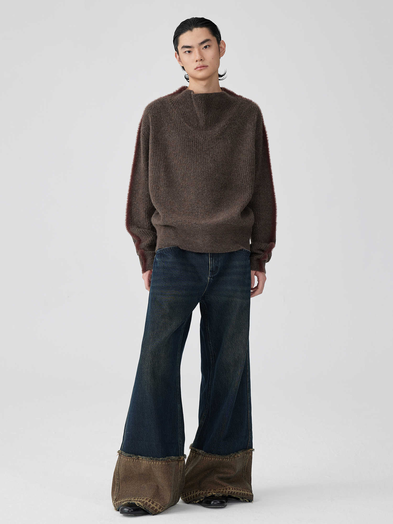 Brown Blue Nano Water Foot Washing Mouth Reverse Stitching Raw Hem Jeans