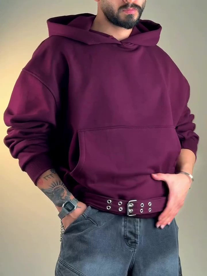 Burgundy Oversize Hoodie with Side Belt for men