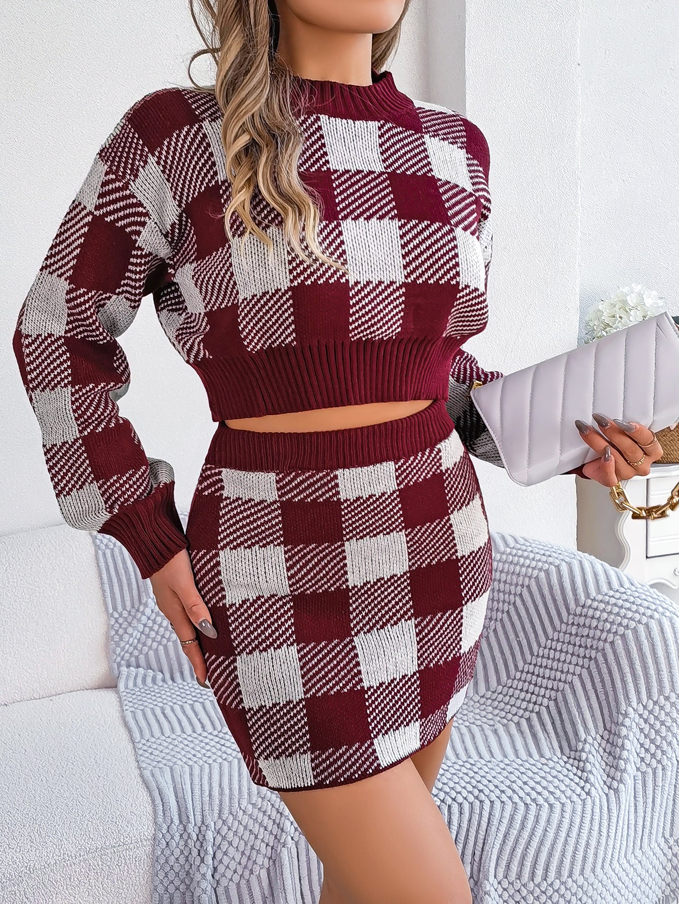 Women Casual Color Block Plaid Long Sleeve Cropped Sweater & Skirt Set