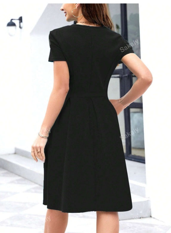 Solid Slant Pocket Fold Pleated Dress