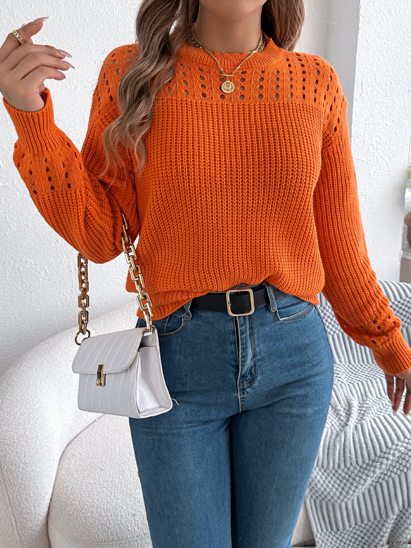 Women Casual Solid Color Hollow Out Lantern Sleeve Pullover Sweater