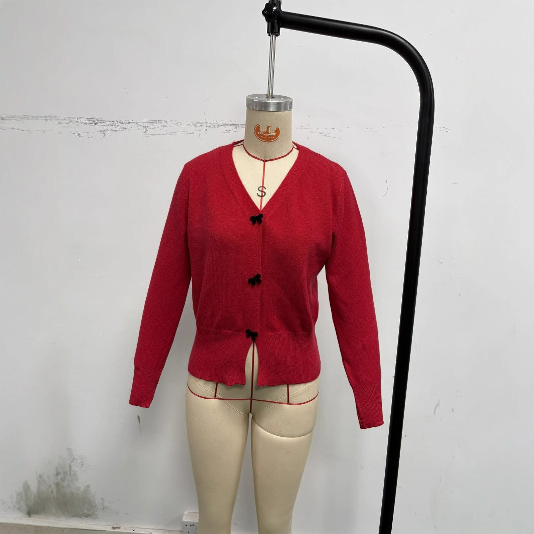 New Style Bow-Knot Button Knitted Fashionable Women's Cardigan Sweater