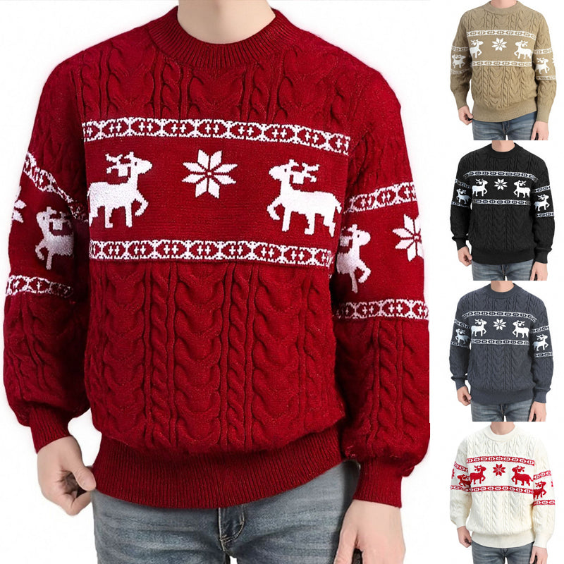 Winter Ugly Christmas Pullovers Sweater for Men Thick Warm Knitted Sweaters with Deer Christmas Holiday Round Neck Tops