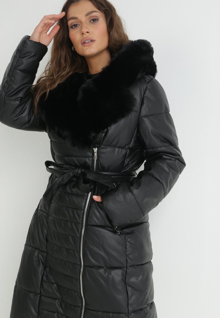 Women's winter coat long puffer jacket in black color for women with belt and