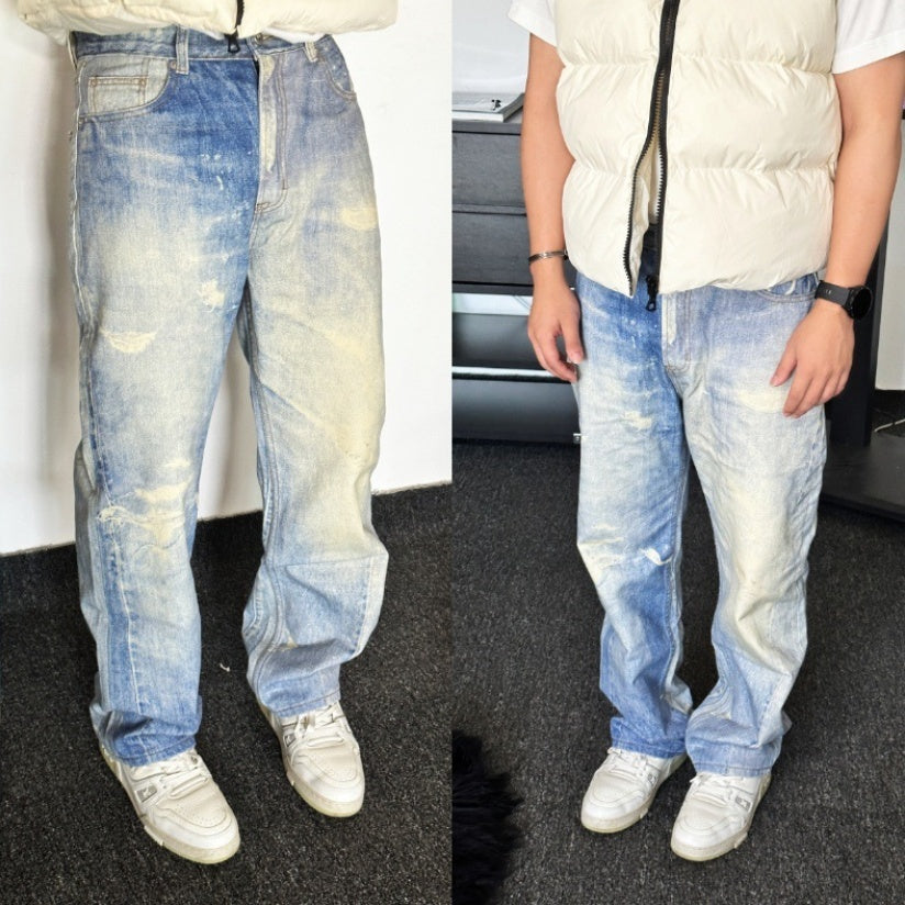 Digital Printed Jeans Gray Whitewashed Distressed Trousers for men