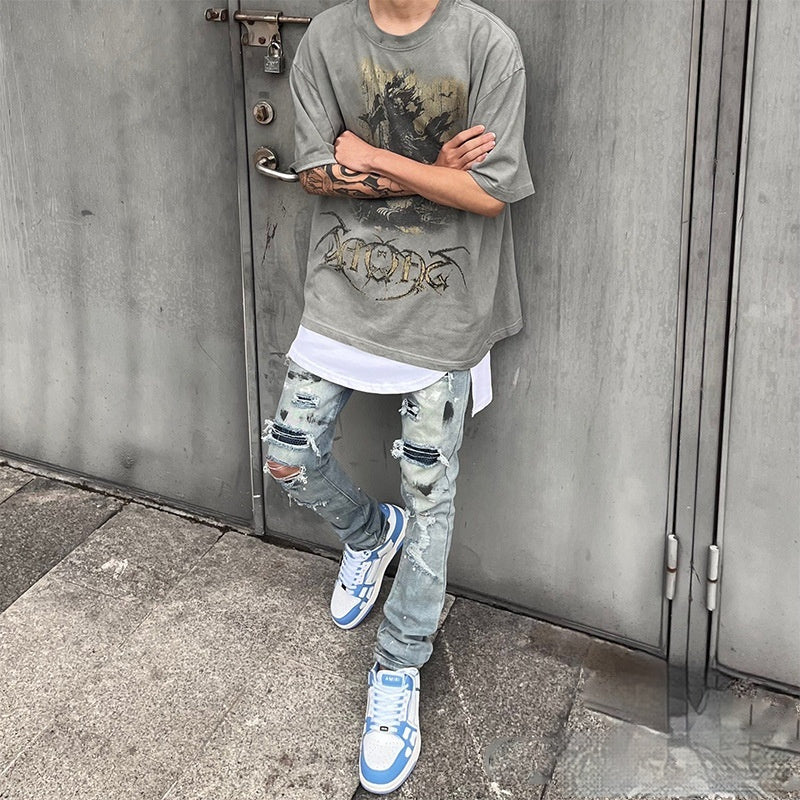 Handmade Splash-ink Blue Diamond Ripped Jeans for men