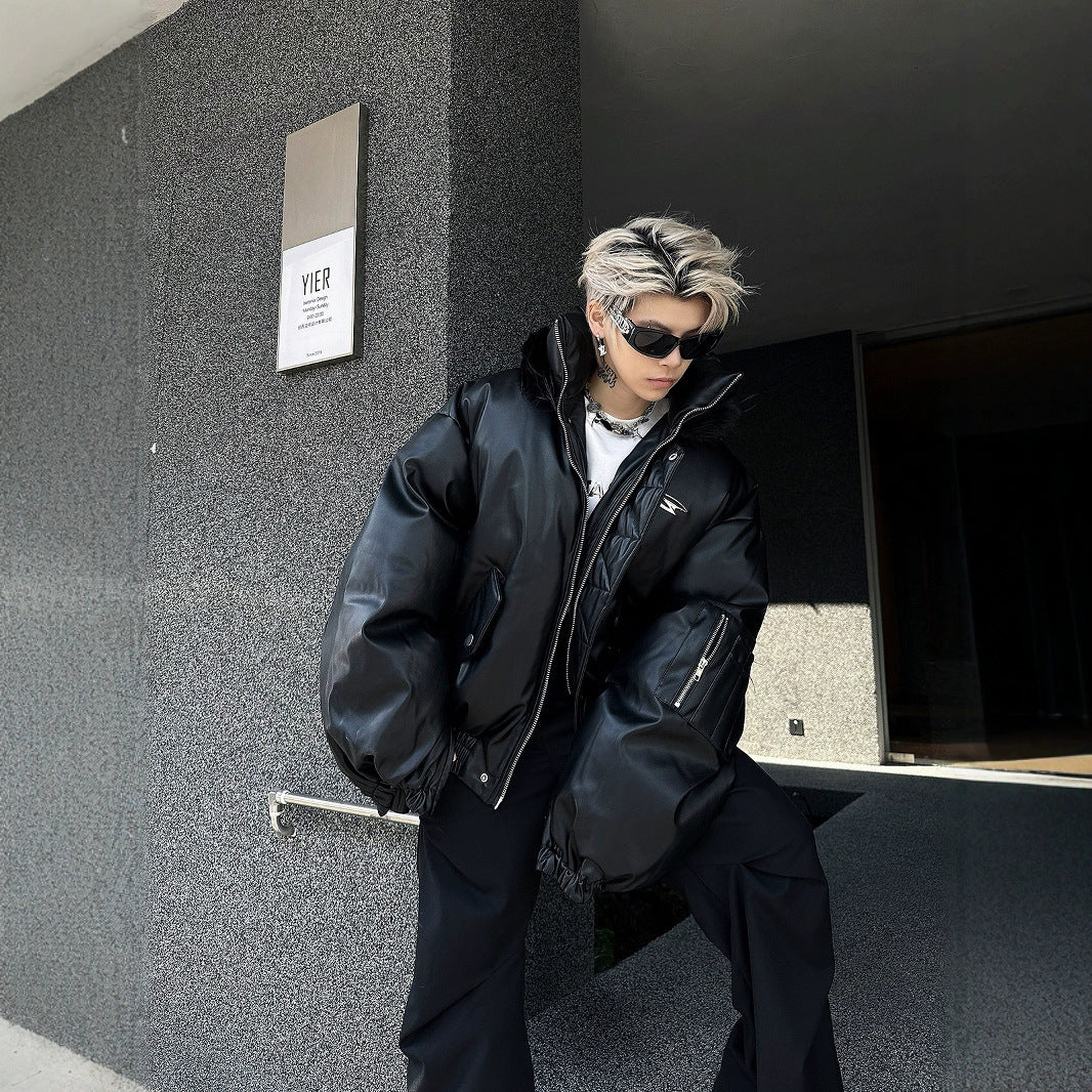 PU Leather Hooded Coat Jacket Warm And Loose Top