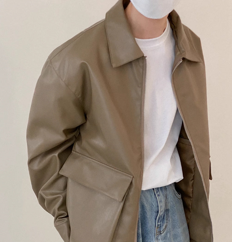 Large Pocket Zipper Leather Jacket for Men Spring and Autumn