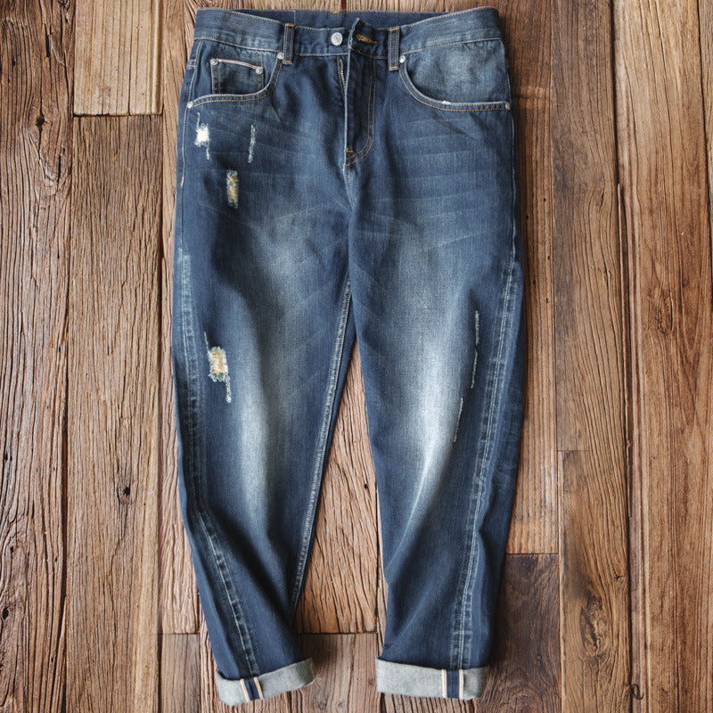 Tooling Retro Tattered Jeans Washed Cropped Pants for men